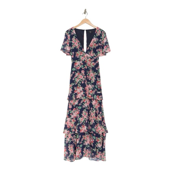 Lulus Navy Floral Maxi Dress Low Plunge Short Sleeve Womens XS - Picture 2 of 11